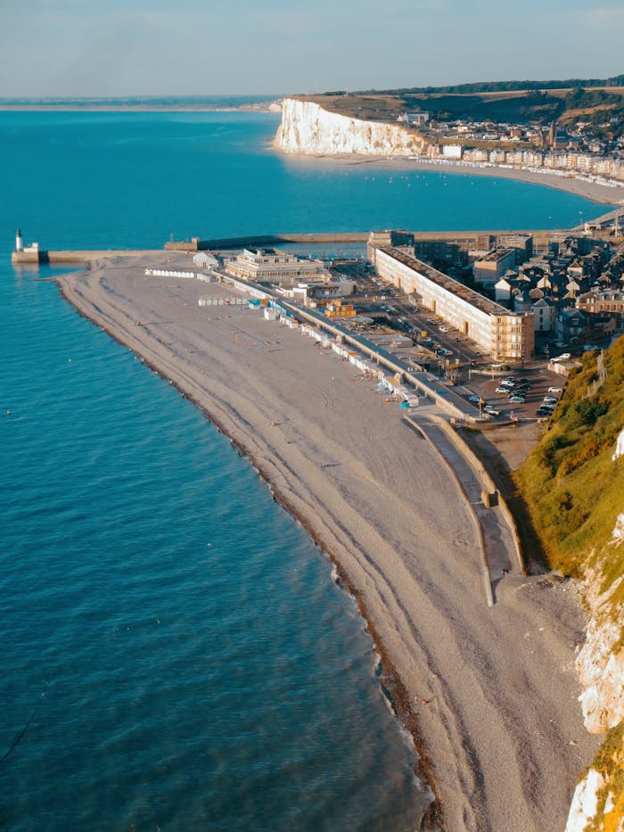 A stunning aerial view of Le Tréport's beach and cliffs in Normandy, France.